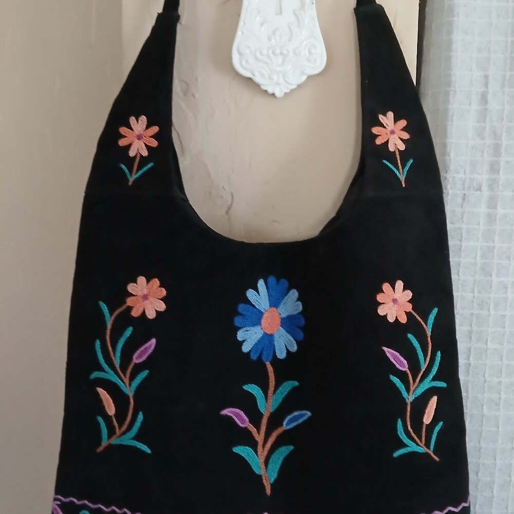 Handbag Top Handle  Embroidered Flowers on Black Velvet 12in x 17in